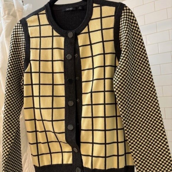 Carlisle Collection: charcoal gray and yellow cardigan - Picture 2 of 4